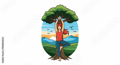 Woman in tree pose with colorful natural backdrop and birds flying
