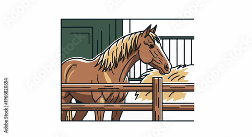 Stylized brown horse with blonde mane in stable eating hay behind fence