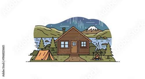 Rustic cabin nestled by a lake with aurora borealis above snow-capped mountains