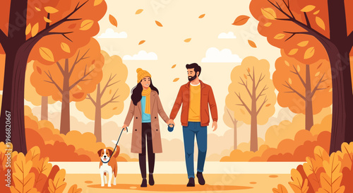 A loving couple walks their dog together in a beautiful autumn park, enjoying the vibrant fall scenery and crisp air.