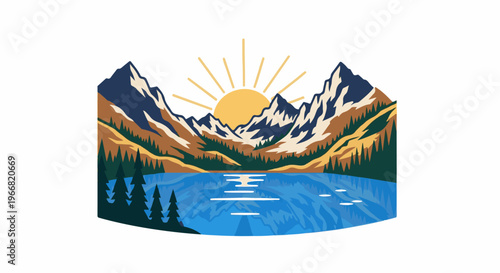 Stylized mountain landscape with a lake and sun