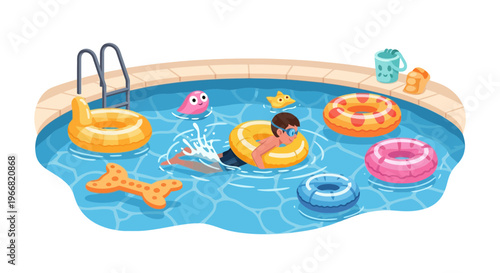Joyful child swimming in a summer pool with inflatable toys and accessories