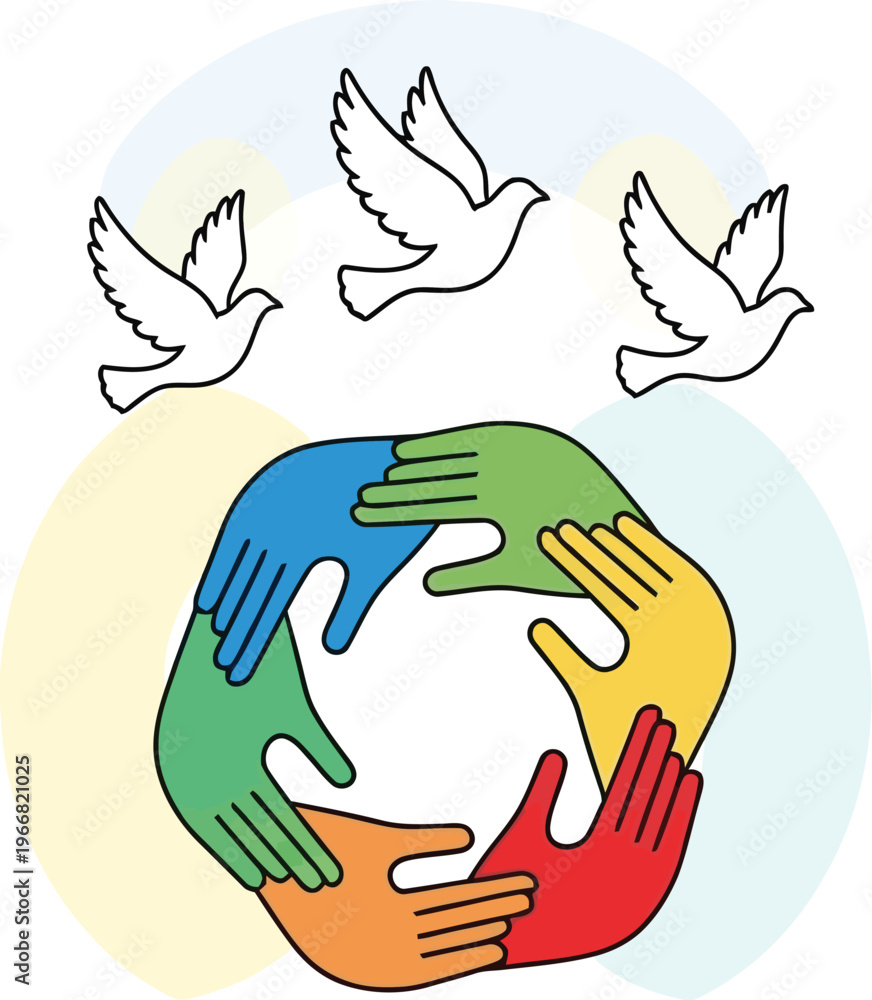 Obraz premium Three white doves fly above a circle formed by six interlocking, multi-colored human hands symbolizing unity and peace.