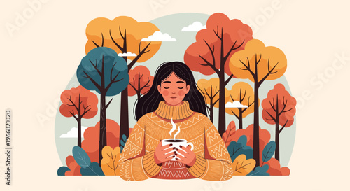 A peaceful woman in a cozy autumn sweater enjoys a warm drink amidst vibrant fall foliage