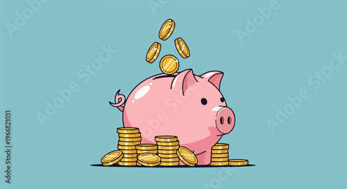 A pink piggy bank sits surrounded by stacks of gold coins, with more coins falling from above