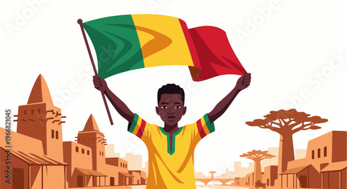 Young person proudly holding up a national flag in an African town
