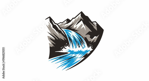 Stylized mountain range with a vibrant blue waterfall cascading down