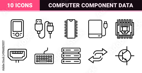 Computer Hardware and Data Processing Line Art Concept. Minimalist Monoline Geometric Outlines for Technology and Network Infrastructure.