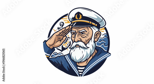 Saluting old sailor with white beard and cap, framed by sea and anchor