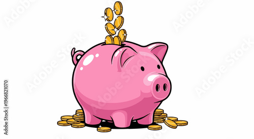 A pink cartoon piggy bank with coins falling into it and scattered around