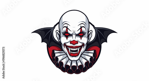 Scary clown with red eyes, fangs, and bat wings, wearing a ruffled collar