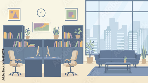 Modern office interior with workspace, lounge area, and city skyline view