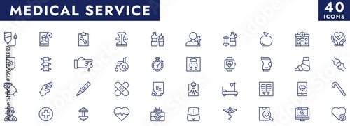 Medical Service icons set with fully editable stroke thin line vector illustration with medicine, healthcare, hospital, clinic, pills, diagnosis treatment, emergency, equipment, research, injury