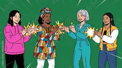 Diverse women celebrating cartoon style illustration cheering success energy sparkles unity hand clapping achievement celebration green screen