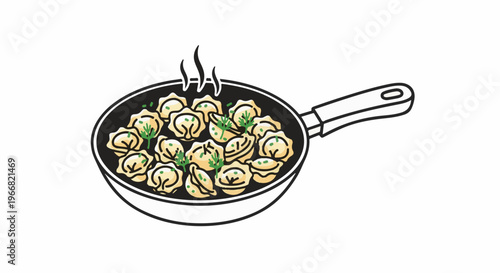 Steaming ravioli with fresh herbs in a skillet