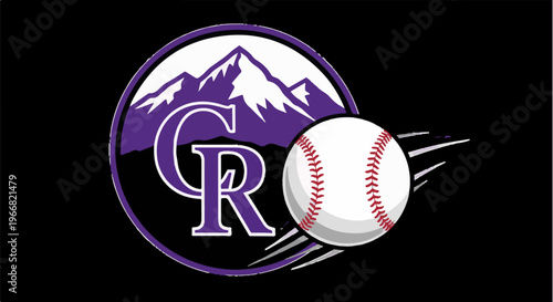 A baseball with motion lines flies past purple mountains with letters C and R