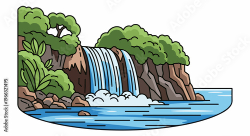 Stylized cartoon waterfall cascading down rocky cliffs into blue water