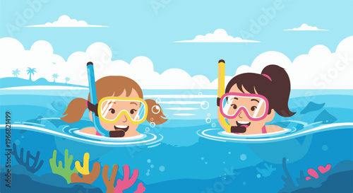 Two young girls in snorkeling gear explore the underwater world near a tropical island