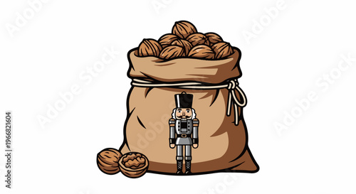 A burlap sack overflows with walnuts, a nutcracker stands guard