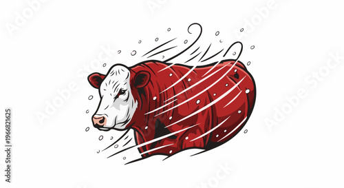 Stylized illustration of a red and white cow running through a blizzard