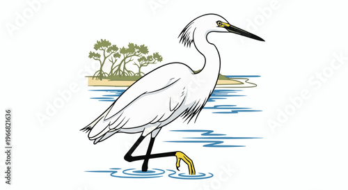 White egret wading in shallow blue water near mangrove trees on sandy shore
