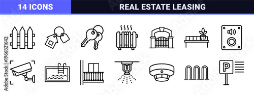 Real Estate and Property Management Monoline Icons, Minimalist Geometric Line Art for Rental Housing and Commercial Leasing Applications