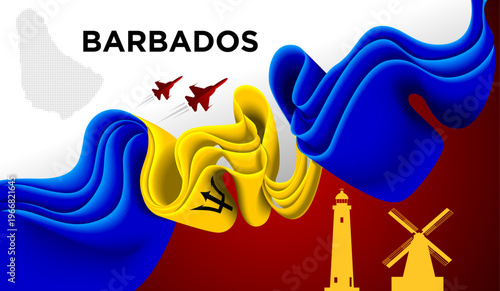 Barbados Ribbon Flag Abstract Blue Yellow Trident Design