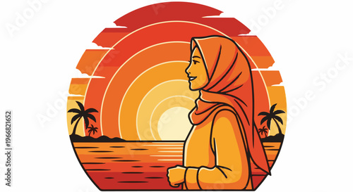 Woman in hijab facing a tropical sunset over the ocean