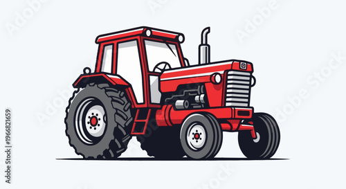 A bold, red cartoon tractor with large rear wheels and smaller front wheels