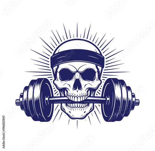 skull wearing sweatband lifting dumbbell weightlifting illustration