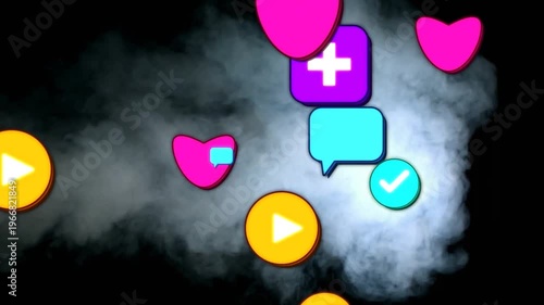 Hearts, chats, plays spawning from edges, drifting over smoke, illustrating social media engagement
