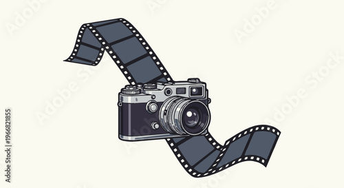 Vintage camera with film strip flowing around it on a light background