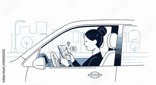 Woman uses GPS navigation on smartphone while driving in urban environment