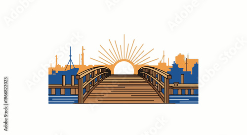 Wooden bridge leads to a harbor skyline at sunrise