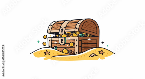 Wooden treasure chest overflowing with gold coins and jewels on a sandy beach