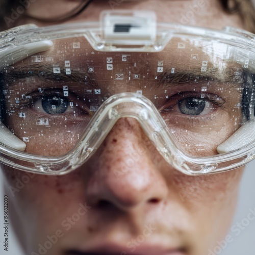 Vision of the Future: An introspective gaze through protective eyewear, reflecting a complex digital interface. A stark depiction of futuristic technology and human interaction.
