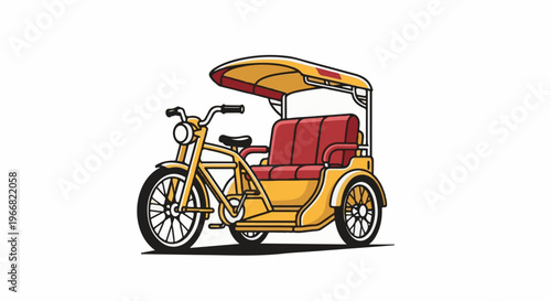 Yellow three-wheeled passenger vehicle with a red seat and canopy