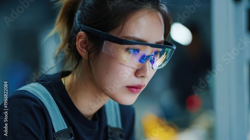 Focused Artisan: A focused artisan, adorned with protective eyewear, meticulously engrossed in technical intricacies and precise operations. A display of dedication and detail.