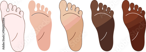 footprint icons set, diverse skin tones, human foot sole illustration, inclusive body diversity concept, healthcare anatomy vector, flat design, isolated