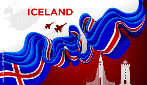 Iceland Ribbon Flag Abstract Blue Red White Nordic Cross Design