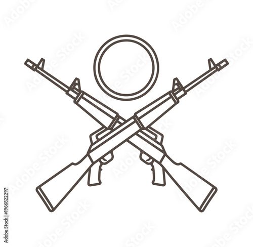 Two crossed rifles with a circle on white background