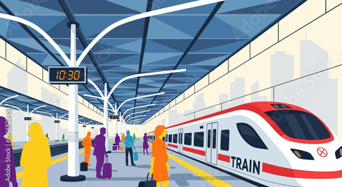 Modern Train Station Platform with Commuters Illustration