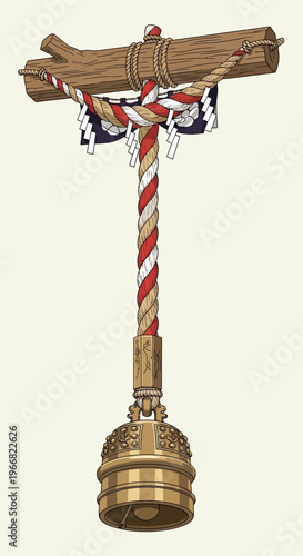 Japanese Shinto Shrine Bell Suzu with Red and White Rope