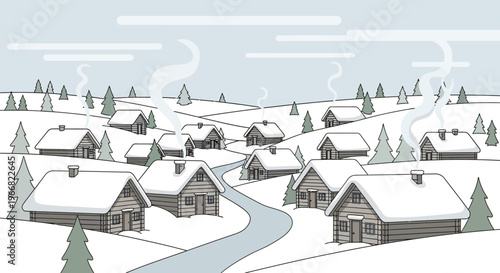 Cozy Winter Village Landscape with Log Cabins and Snow