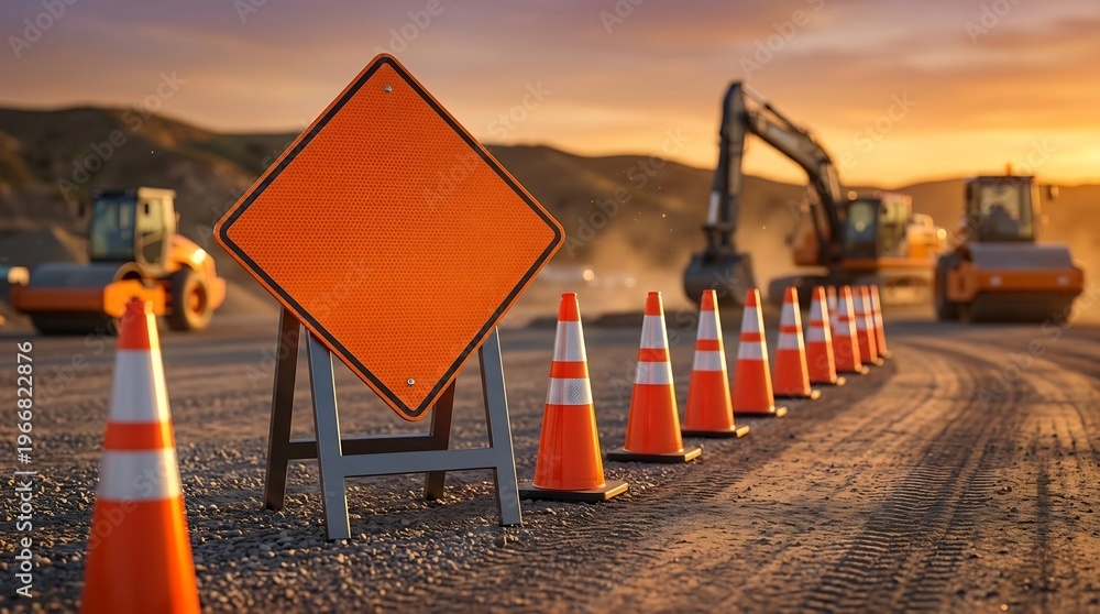Fototapeta premium Construction site with heavy machinery and traffic cones at sunset