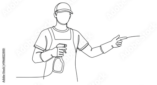 Cleaner in Uniform with Spray Bottle, Pointing
