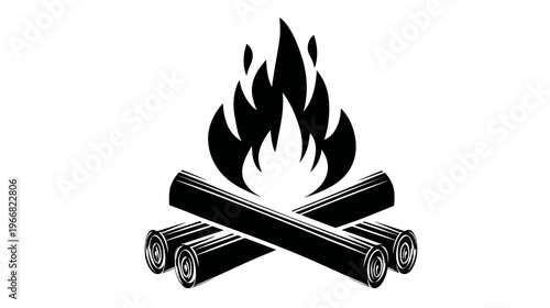Campfire icon vector. Black and white graphic of burning wood logs and flames. Outdoor camping bonfire symbol.