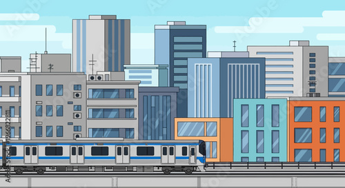 Modern Subway Train Moving Through Urban Cityscape Vector Illustration