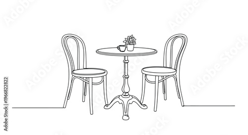 Outdoor Cafe Table with Two Chairs One Line Drawing