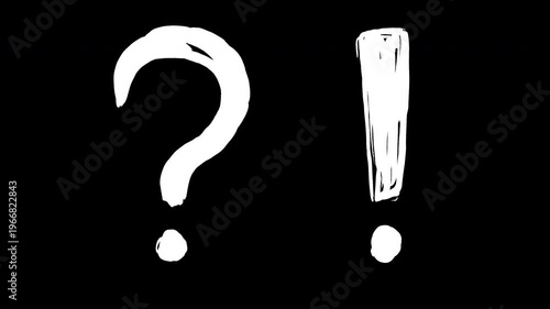 Animated hand drawn white question mark and exclamation point on black background. Sketchy, expressive scribble style with brush stroke texture. 